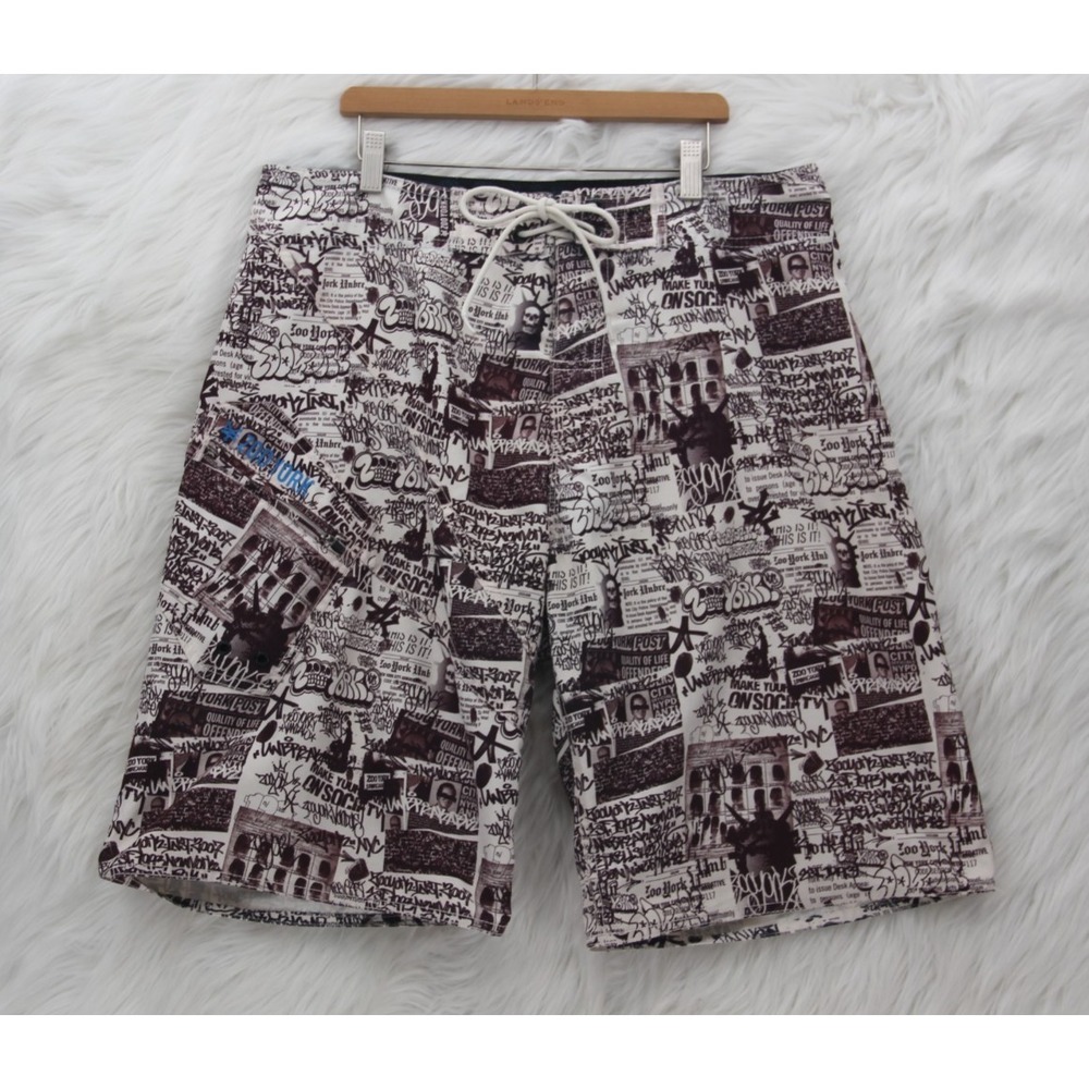 Zoo York VTG Y2K Graffiti Print Black/White Board Shorts Swim Trunks Sz 34" Mens